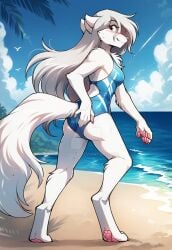 1girls ai_generated anthro ass beach blue_one-piece_swimsuit blue_sky blue_swimsuit blush breasts butt canid canine canis chest_tuft clear_sky clouds deviantart dixievolk ears_back female furry grey_hair keidran long_hair looking_at_viewer looking_back ocean one-piece_swimsuit outdoors outside pawpads pink_nose raine_silverlock sand seagull silver_hair sky smile smiling_at_viewer sunlight sweat sweatdrop sweating sweaty sweaty_body tom_fischbach trees twokinds water white_body white_fur white_tail wolf wolf_girl yellow_eyes