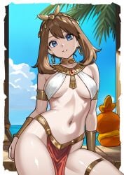 blue_eyes breasts brown_hair egyptian_clothes jewelry loincloth looking_at_viewer may_(pokemon) palm_tree pelvic_curtain pokemon redjet wide_hips