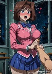 1boy ai_generated anzu_mazaki arm_grab bangs blue_bow blue_eyes blue_skirt blush bow bowtie breast_grab breasts brown_hair classroom clothing collared_shirt desk female grabbing grabbing_another's_breast groping guided_breast_grab guiding_hand hair_intakes heart indoors jacket jousneystudio konami large_breasts legwear long_sleeves male mazaki_anzu miniskirt neckwear night open_mouth penis pink_jacket pleated_skirt pussy_juice saliva school_desk school_uniform sex shirt short_hair skirt sky solo_focus standing star_(sky) starry_sky straight sweat tea_gardner teeth text thighs tongue trembling uniform vaginal_penetration white_shirt window yu-gi-oh! yu-gi-oh!_duel_monsters