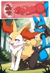 ai_generated anguirus12345 animal_genitalia animal_penis anthro anthro_on_anthro anthro_penetrated anthro_penetrating anthro_penetrating_anthro blush bodily_fluids braixen breasts canine_genitalia canine_penis cum cum_in_mouth cum_inside doggy_style duo female female_braixen female_penetrated forest forest_background from_behind_position generation_4_pokemon generation_6_pokemon genital_fluids genitals hi_res internal knotting lucario male male/female male_lucario male_penetrating male_penetrating_female nature nature_background nintendo nipples penetration penile penile_penetration penis penis_in_pussy plant pokemon pokemon_(species) pussy sex small_breasts tree vaginal_penetration