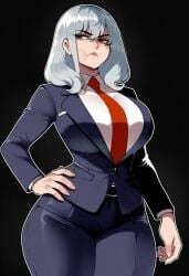 1girls ai_generated annoyed annoyed_expression business_suit cecil_stedman cecilia_stedman female grey_hair hand_on_hip invincible looking_away meme office_lady rule_63 scar scar_on_face simple_background solo thick_thighs tight_clothing wide_hips