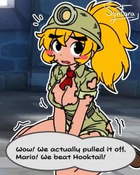 1girls anthro big_breasts blonde_hair blush breasts burnt_clothes cleavage cute_fang female goomba goombella helmet iamsyntara khaki_pants khaki_shorts long_hair mario_(series) mining_helmet necktie necktie_between_breasts nintendo paper_mario paper_mario:_the_thousand-year_door pink_body ponytail simple_coloring sitting super_mario_bros. text text_bubble torn_clothes trembling