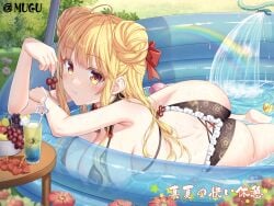 2d 2d_(artwork) ass big_breasts bikini blonde_hair breasts date_a_live female female_only fruit grapes hoshimiya_mukuro japanese_text light-skinned_female long_hair looking_at_viewer lying pool solo solo_female thighs tsubasaki yellow_eyes