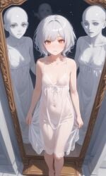 ai_generated covered_nipples dress eerie ghost girl mirror orange_eyes see-through_clothing see-through_dress silver_hair transparent_clothing white_hair