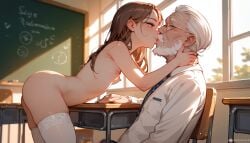 ai_generated beard blue_eyes brown_hair classroom elderly_male female female_only hard_nipples kissing kissing long_hair nipples old_man older_male school schoolgirl small_breasts smaller_female stockings teacher teacher_and_student white_stockings