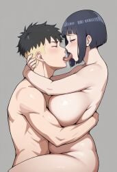 1boy 1girl arms_around_neck bangs belly boruto:_naruto_next_generations byakugan carrying carrying_partner cheating chubby chubby_female couple couple_(romantic) dark_hair eye_contact female from_side grey_eyes heavy_breathing holding_partner hug hugging hyuuga_hinata kawahina kawaki kissing looking_at_another love multicolored_hair saliva shiny_skin short_hair thick_thighs toned_male tongue tongue_kiss undercut white_eyes