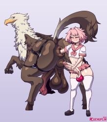 absurd_res anal anal_fisting anal_sex artist_name astolfo_(fate) avian balls beak big_penis clothing cuchuflin digital_media_(artwork) duo erection european_mythology fate_(series) femboy feral fisting genitals greek_mythology hair hi_res hippogriff human human_on_feral humanoid_genitalia humanoid_penis interspecies legwear male male/male male_penetrated male_penetrating male_penetrating_male mammal motion_lines mythological_avian mythological_creature mythology penetration penis pink_hair quadruped sex simple_background tail thigh_highs type-moon zoophilia