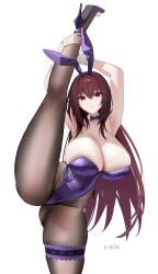 1girls bangs bare_shoulders big_breasts bowtie breasts bunny_ears bunnysuit detached_collar detached_cuffs fate/grand_order fate_(series) female female_only fishnet_legwear fishnets hair_between_eyes high_heels ilsksh large_breasts long_hair looking_at_viewer purple_hair red_eyes scathach_(fate) scathach_(piercing_bunny) solo splits standing standing_on_one_leg thick_thighs thighband thighs vertical_splits