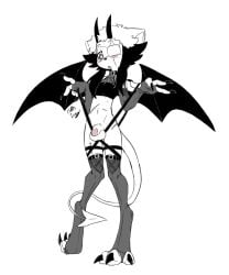 alternative_fashion animal_ears balls bat_wings black_and_white blush claws demon eye_patch eyewear genitals goth heart_eyes heart_symbol hi_res horn humanoid male membrane_(anatomy) membranous_wings monochrome penis remiel scar sinfrou solo spade_tail tail wings