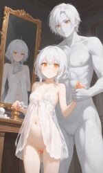 ai_generated bottomless ghost girl grey_hair holding_hands male mirror navel no no_panties orange_eyes see-through_dress statue transparent_clothing white_hair