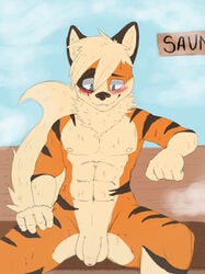 1boy 5_fingers abs anthro black_fur blush flaccid foreskin fur furry growlithe humanoid_penis katxfish male male_only mammal navel neck_tuft nintendo nipples nude orange_fur penis pokémon_(species) pokemon pokemon_(species) rethex sauna sitting solo steam sweat tan_fur testicles tuft uncut video_games