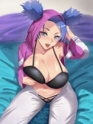 1girls amagane bed bikini blue_hair cosplay female female_focus female_only hells hells_angels juri_han_(cosplay) large_breasts milf pajamas street_fighter varouke1