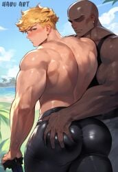 2boys ass ass_grab bald big_ass black_pants blonde_hair dark-skinned_male granblue_fantasy haruartx interracial looking_at_viewer male male_only ntr outdoors topless_male vane_(granblue_fantasy) yaoi