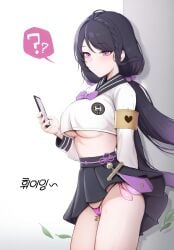 ? absurdres black_hair black_skirt black_survival body_writing bow braid breasts cellphone commentary_request condom condom_belt crop_top eternal_return:_black_survival female highres holding holding_phone hyejin_(black_survival) kisa_(leg3043) korean_text large_breasts long_sleeves low_twintails panties phone pleated_skirt purple_bow purple_eyes skirt smartphone solo spoken_question_mark tally translation_request twintails underboob underwear used_condom