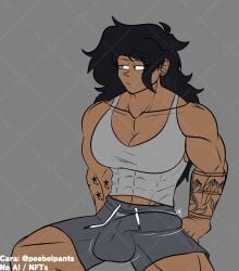 1futa 2d 2d_(artwork) black_hair black_hair_futa brunette_futa bulge bulge_through_clothing clothed_futanari clothing dark-skinned_futanari dark_skin futanari human human_only monica_clark muscles muscular muscular_futanari oc original_character short_shorts solo solo_futa thespicyname