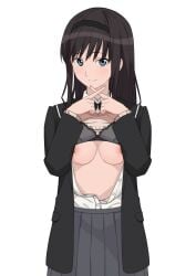 amagami black_bra black_hair black_jacket blue_eyes blush bra bra_lift breasts cleavage crossed_fingers female hairband highres jacket large_breasts long_hair looking_at_viewer morishima_haruka morisobo nipples school_uniform shirt simple_background skirt smile solo underwear white_background white_shirt