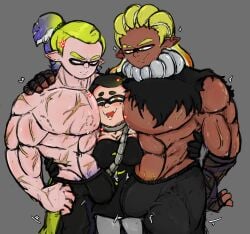 1girls 2boys agent_3_(splatoon) big_bulge breasts bulge callie_(alterna) callie_(splatoon) cleavage dark-skinned_male dark_skin fl33w4y_4rt fleeway hyper hyper_muscles in_between inkling inkling_boy inkling_girl light-skinned_female light-skinned_male light_skin mole mole_under_eye muscular muscular_male new_agent_3_(splatoon) penis_bulge solo_female splatoon splatoon_3 splatoon_3:_return_of_the_mammalians squid_sisters tentacle_hair