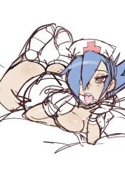 1girls ass blue_hair breasts cleavage eyepatch female gloves hair_over_one_eye half-closed_eyes hat head_rest highres large_breasts legs_up long_hair lying maniacpaint mask mouth_mask nurse nurse_cap on_stomach ponytail red_eyes sketch skullgirls solo surgical_mask the_pose tongue tongue_out valentine_(skullgirls) white_gloves