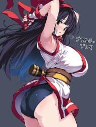 1girls ainu_clothes armpits arms_behind_head ass big_ass big_breasts black_hair bloomers blush breasts buruma busty fat_ass female female_only fingerless_gloves gloves hair_ribbon hi_res highres hirowa_nagi huge_ass king_of_fighters large_breasts legs long_hair looking_at_viewer looking_back nakoruru open_mouth pose posing purple_eyes purple_hair ribbon samurai_shodown sensual sexy_armpits smile snk solo sweat thick_thighs thighs tongue voluptuous weapon