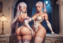 2girls abs ai_generated armwear bare_thighs black_clover choker collarbone emilia_(re:zero) eye_contact highleg_leotard highres hourglass_figure large_breasts legwear looking_at_each_other mansion narrow_waist noelle_silva qwertart re:zero_kara_hajimeru_isekai_seikatsu sexy smile tagme teeth white_dress