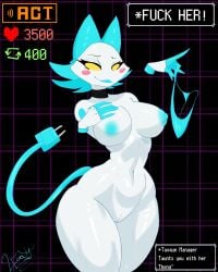 absurd_res android anthro big_breasts breasts buttplug buttplug_tail choker clothing darkner deltarune disembodied_hand emmet_twunks fake_tail felid feline female genitals hi_res holding_clothing holding_object holding_panties holding_underwear jewelry looking_at_viewer machine mammal necklace nude panties plug_(sex_toy) pussy robot sex_toy solo strip_game tasque_manager text text_box undertale_(series) underwear undressing white_body wide_hips yellow_eyes