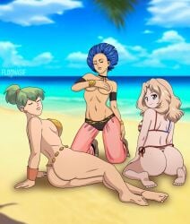 3girls american_flag_bikini ass beach blue_hair bracelet bubble_butt closed_eyes closed_eyes covering_breasts crossover dat_ass diva_shaliqua floonasif girls_und_panzer green_hair harem harem_girl harem_outfit harem_pants kay_(girls_und_panzer) kneeling minna_star_wars ponytail seaside slave slave_collar slave_outfit slavegirl star_wars theelin topless