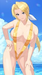 1girls areola_slip areolae blonde_hair blue_eyes breasts cleavage dead_or_alive hair_ribbon hand_on_hip helena_douglas hi_res leaning_forward long_hair looking_at_viewer medium_breasts navel outdoors ribbon sky sling_bikini solo sweat swimsuit team_ninja tecmo water yagi2105