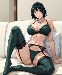 ai_generated apartment beige_background big_ass big_breasts big_butt big_thighs black_high_heels breasts cleavage couch curvy curvy_body curvy_female curvy_figure female female_focus female_only fubuki_(one-punch_man) green_bra green_eyes green_hair green_lingerie green_panties green_socks huge_ass jewelry large_breasts light-skinned_female light_skin lingerie lingerie_bra lingerie_panties lips lipstick long_legs long_socks looking_at_viewer one-punch_man pillow retair18 short_hair smile smiling smiling_at_viewer thigh_strap thighhighs wide_hips