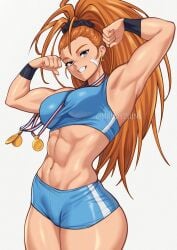 1girls abs athletic_female bare_arms bare_legs bare_shoulders bare_thighs big_breasts blue_eyes brown_hair captain_mizuki clothed clothing color female female_focus female_human female_only fit_female flexing flexing_bicep gold_medal hi_res human large_breasts light-skinned_female light_skin long_hair looking_at_viewer mandytsune medal muscles muscular muscular_arms muscular_female one-punch_man slim_waist solo solo_female tagme thick_thighs