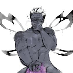 2males black_eyes blowjob completely_nude cookie_run cookie_run_kingdom covering_mouth dark-skinned_male dark_skin fairy gay mercurial_knight_cookie naked oc ocxcanon purple_hair short_hair silver_hair