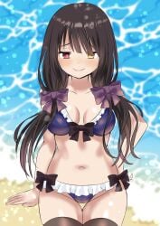 1girls 2d 2d_(artwork) beach belly_button bikini black_hair breasts date_a_live female female_only heterochromia light-skinned_female looking_at_viewer red_eyes ribbon sea socks solo solo_female thighs tokisaki_kurumi twintails