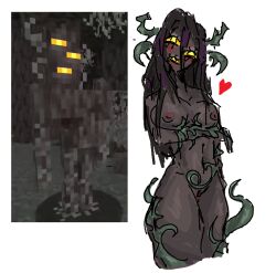 1girl 1girls 2d 2d_(artwork) 2d_artwork 3_eyes areola areolae blush low_res minecraft minecraft_mob monster_girl orange_eyes reference_image sketch tagme the_creaking_(minecraft) tree_monster vines wwberry