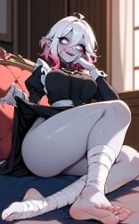 1girls ai_generated ass bandaged_leg bed bedroom black_dress briar_(league_of_legends) colored_skin fangs grey_skin league_of_legends seductive_smile smile solo white_eyes white_hair