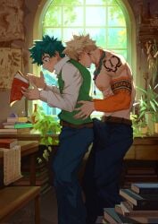 2boys abs bakugou_katsuki bara belt black_pants blonde_hair blue_pants blush boku_no_hero_academia boner boner_in_pants book book_stack brown_belt bulge chrispplus closed_mouth clothed_assjob collared_shirt day deku denim detached_sleeves earrings erection erection_under_clothes freckles from_side gay green_eyes green_hair green_vest holding holding_book indoors izuku_midoriya jewelry katsuki_bakugou large_pectorals long_sleeves looking_at_another male male/male male_focus male_only midoriya_izuku multiple_boys muscular muscular_male my_hero_academia necklace nipples open_book pants pectorals plant potted_plant reading red_eyes rubbing_penis_on_ass shirt short_hair spiked_hair standing tattoo topless_male vest white_shirt window yaoi