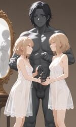 ai_generated blonde_hair double_handjob ghost handjob identical_twins male/female see-through_clothing see-through_dress statue threesome white_dress