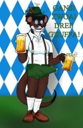 beer_mug bodily_fluids bulge caine_latrans_(artist) clothing cum cum_drip dripping drooling erection erection_under_clothing genital_fluids hi_res holidays hypnosis leaking_precum lederhosen male mammal mind_control mustelid musteline oktoberfest precum ringed_eyes saliva stoat submissive submissive_male true_musteline weasel