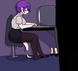 1futa artist_request big_penis body_invasion breasts clothed clothing flaccid futa_only futanari girl human light-skinned_futanari light_skin mostly_clothed office_lady pantyhose parasite penis purple_hair sitting solo source_request urethral urethral_invasion