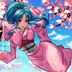 1girls blue_hair botan clothed_female curves curvy curvy_body curvy_female curvy_figure curvy_hips female female_only hanshyn hourglass_figure ponytail solo yu_yu_hakusho