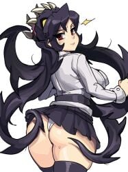 1girls ass assisted_exposure black_hair blush clothes_lift cowboy_shot female filia_(skullgirls) from_behind highres long_hair looking_back maniacpaint panties pleated_skirt red_eyes samson_(skullgirls) school_uniform skirt skirt_lift skullgirls sweatdrop thighhighs underwear