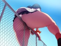 1girls ass ass_focus big_ass cameltoe danchizuma female female_only from_below huge_ass huge_butt long_hair low-angle_view miniskirt panties railing skirt solo ssss.gridman takarada_rikka thick_thighs viewed_from_below white_panties