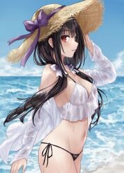 2d 2d_(artwork) asle ass beach belly_button bikini black_hair breasts date_a_live female female_only hat light-skinned_female long_hair medium_hair red_eyes sea seaside solo solo_female thighs twintails