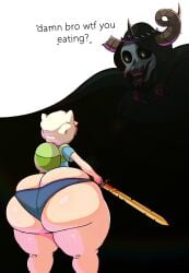 2boys adventure_time ass big_ass big_butt blonde_hair butt cartoon_network fat_ass fat_butt finn_the_human horns huge_ass huge_butt male male_only senor9 skull sweat sweating sweaty_butt sword text the_lich thick_ass thick_butt underwear warner_brothers