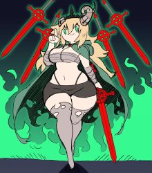 adventure_time angstrom big_breasts corruption fionna_the_human_girl fire horns miniskirt panties sarashi sword the_lich thick_thighs walking