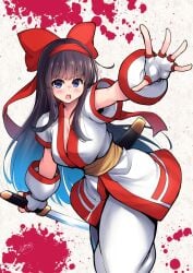 1girls ainu_clothes artist_name big_breasts black_hair blue_eyes breasts busty c.r. cleavage dated female female_only fighting_stance fingerless_gloves gloves hair_ribbon hi_res highres king_of_fighters large_breasts leaning_forward long_hair looking_at_viewer nakoruru no_bra open_mouth outstretched_arm ribbon samurai_shodown serious snk solo teeth tongue very_long_hair voluptuous weapon