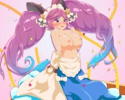 blue_hair blush breast_press bunny_girl cleo_(dragalia_lost) cygames dragalia_lost embarrassed gradient_hair kemonomimi large_breasts maid_headdress nintendo nogumele pink_eyes pink_hair sylvan topless twin_drills