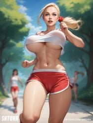 ai_generated big_breasts blonde_female blonde_hair blonde_hair bouncing_breast bouncing_breasts breasts breasts cameltoe huge_breasts large_breasts oc outdoors public running shtora underboob