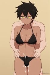 bikini black_bikini brown_hair brown_hair_female brown_skin cumming_in_clothes dark-skinned_female kurobe_natsumi_(shiromanta) large_breasts looking_at_viewer my_senpai_is_annoying natsumi_kurobe penis_in_panties senpai_ga_uzai_kouhai_no_hanashi smug thigh_sex tomboy yellow_eyes