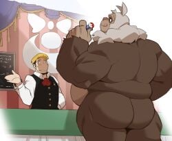 anthro ass back_muscles bara belly big_belly big_butt blonde_hair blush bodily_fluids brown_body brown_fur daddy dilf duo fur generation_3_pokemon genitals hair hi_res human larger_anthro larger_male licking licking_lips looking_at_genitalia looking_at_penis male male/male mammal musclegut muscular muscular_anthro muscular_male nintendo nude othukimi penis pilosan pokemon pokemon_(species) size_difference slaking sloth smaller_human smaller_male sweat tongue xenarthran