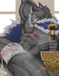 abs anthro bara blaidd_(elden_ring) bodily_fluids canid canine canis clothing digital_drawing_(artwork) digital_media_(artwork) dustookami elden_ring fromsoftware fur furry furry_only gay genital_fluids genitals glans hi_res male male_only mammal melee_weapon muscular muscular_anthro muscular_male penis precum precum_through_clothing purple_eyes solo solo_male sword translucent translucent_clothing weapon wet wet_clothing wolf