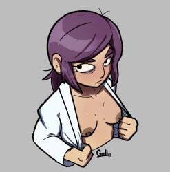 black_eyes breasts breasts_exposed breasts_out brown_hair dark_nipples gorllus inside_job open_shirt purple_hair reagan_ridley simple_background